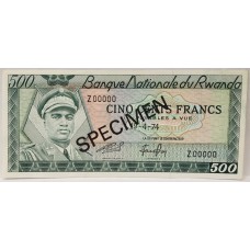 RWANDA 1974 . FIVE HUNDRED 500 FRANCS BANKNOTE . SPECIMEN